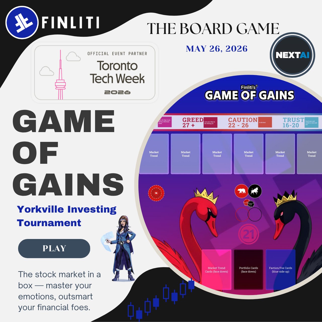 Finliti Game of Gains promotional poster for the Yorkville Investing Tournament at Toronto Tech Week 2026, official NEXT AI event partner